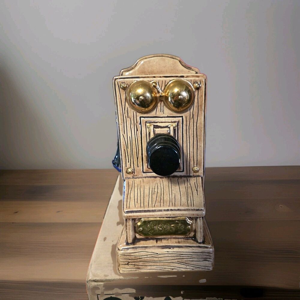 Ceramic Antique Wall Telephone Figurine Faux Woodgrain Glossy Beige/Gold